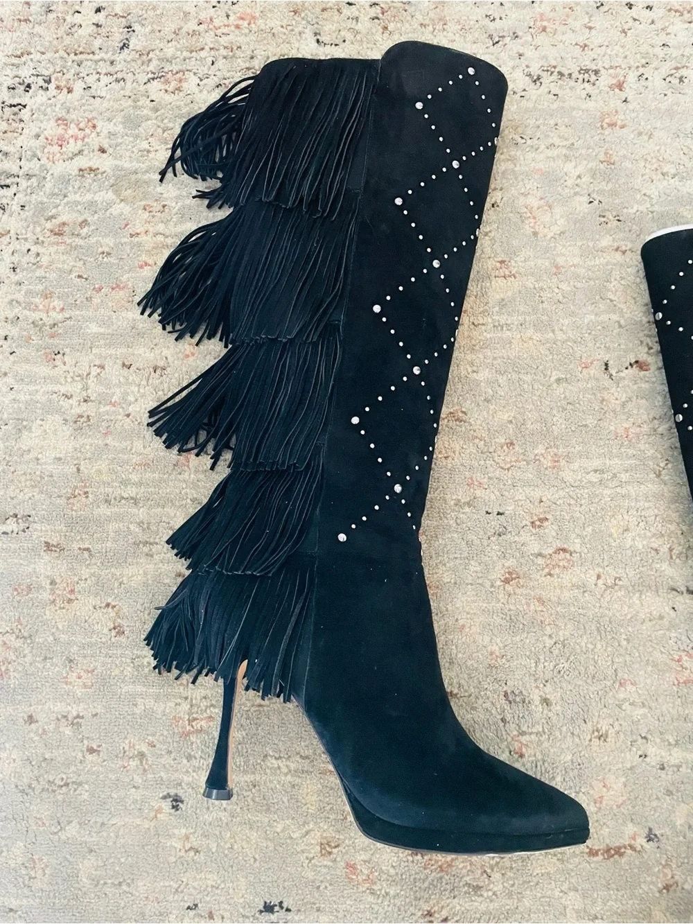 Vince Camuto Panaryaz Fringe Suede Knee-High Boots in Black Stud New